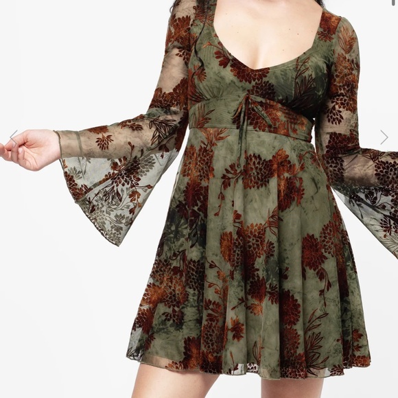 Disturbia Rosaleigh Flock Velour Mesh Flare Sleeve Mini Dress - Picture 1 of 4